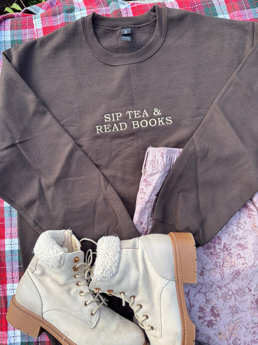 Sip Tea Read Books Embroidered Crewneck Sweater