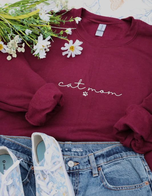 Cat Mom Embroidered Crewneck Sweatshirt