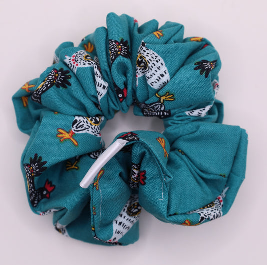 Chickens on Blue Scrunchie