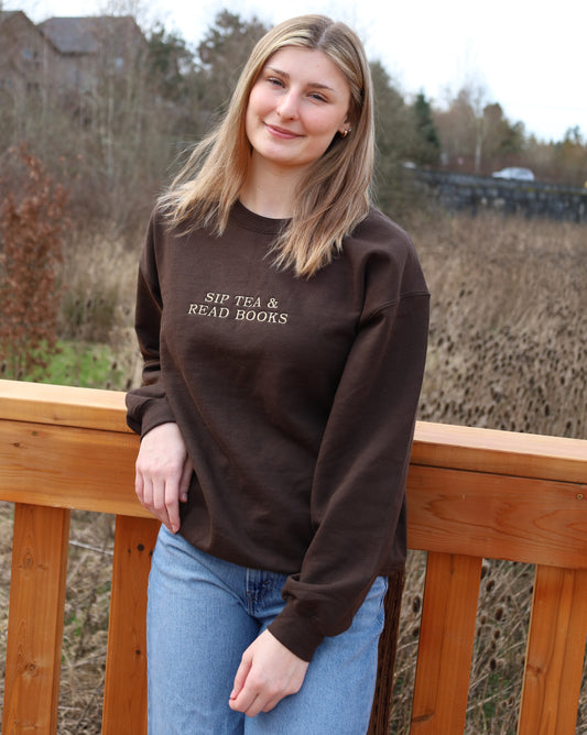 Sip Tea Read Books Embroidered Crewneck Sweater