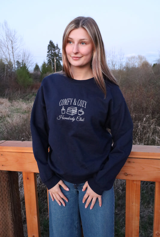Comfy and Cozy Homebody Embroidered Crewneck Sweater
