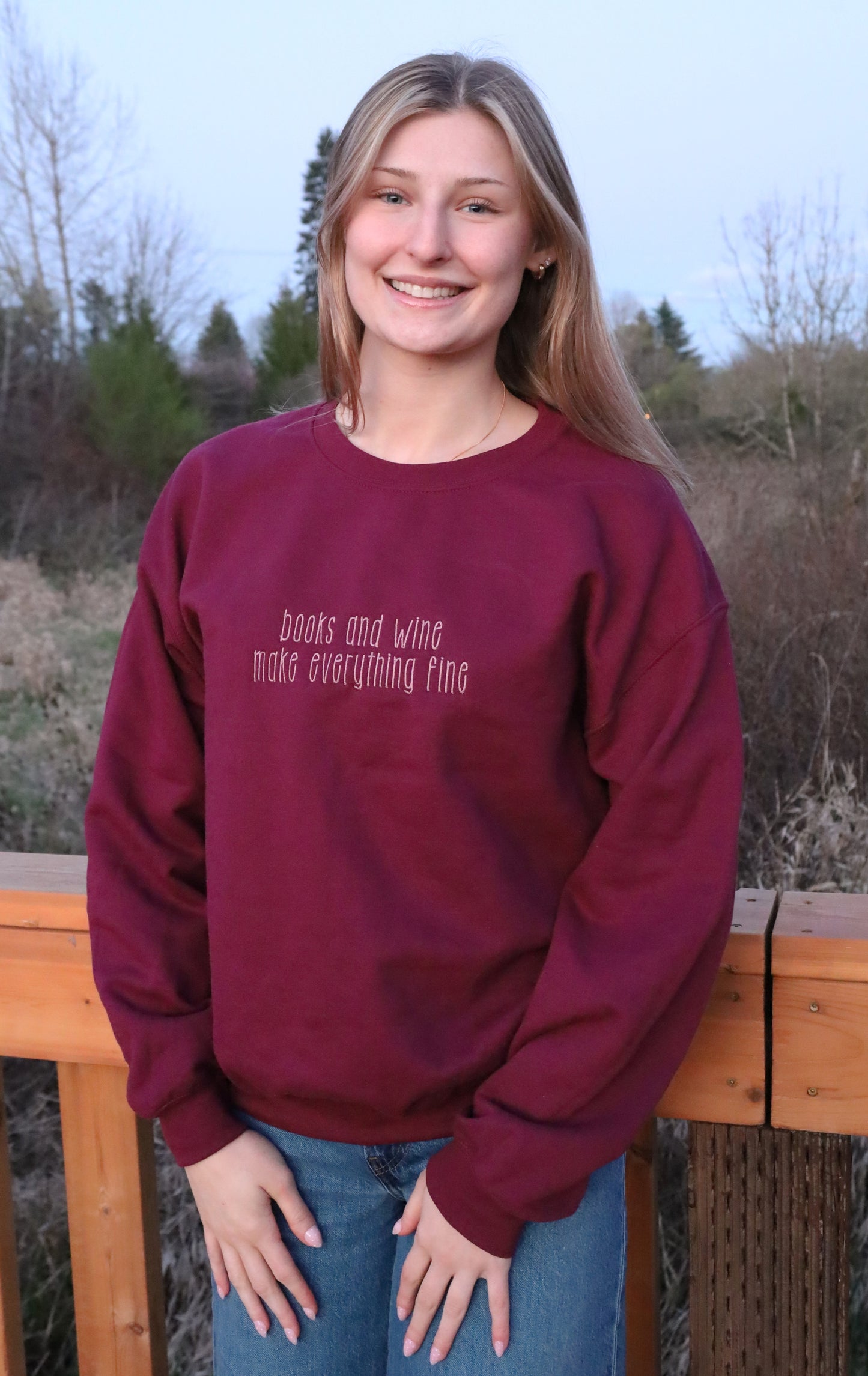 Books & Wine Make Everything Fine Embroidered Crewneck Sweater