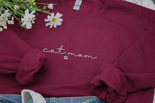 Cat Mom Embroidered Crewneck Sweatshirt